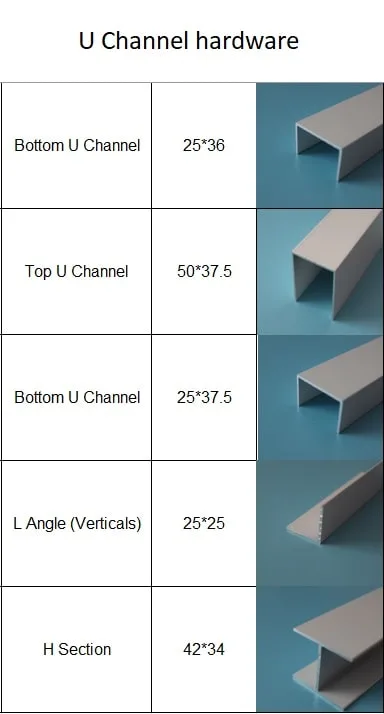 Aluminium shutter U-channel profile options