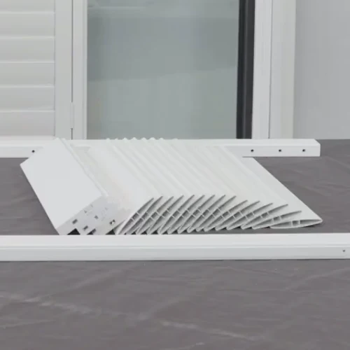 SmartKit DIY white PVC plantation shutter components laid out for assembly