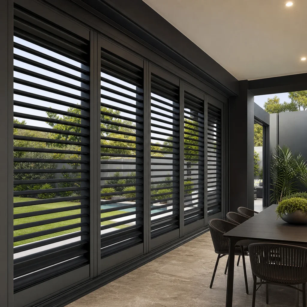 Outdoor Aluminium Shutters made-to-measure plantation shutter example