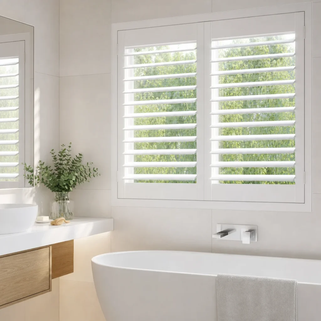 White PVC plantation shutters in a bright modern bathroom